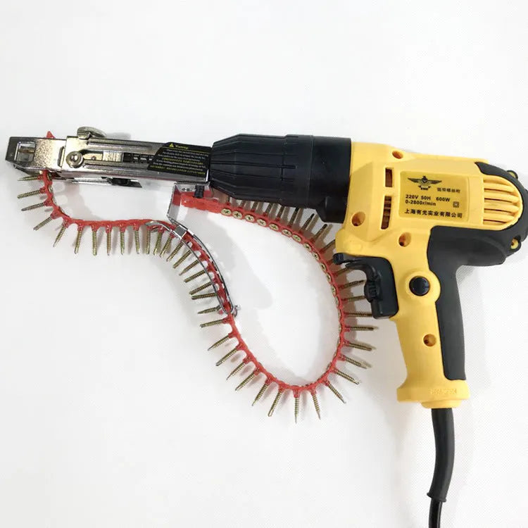 Yellow rechargeable electric chain nail machine with automatic screw feeding and pistol grip handle