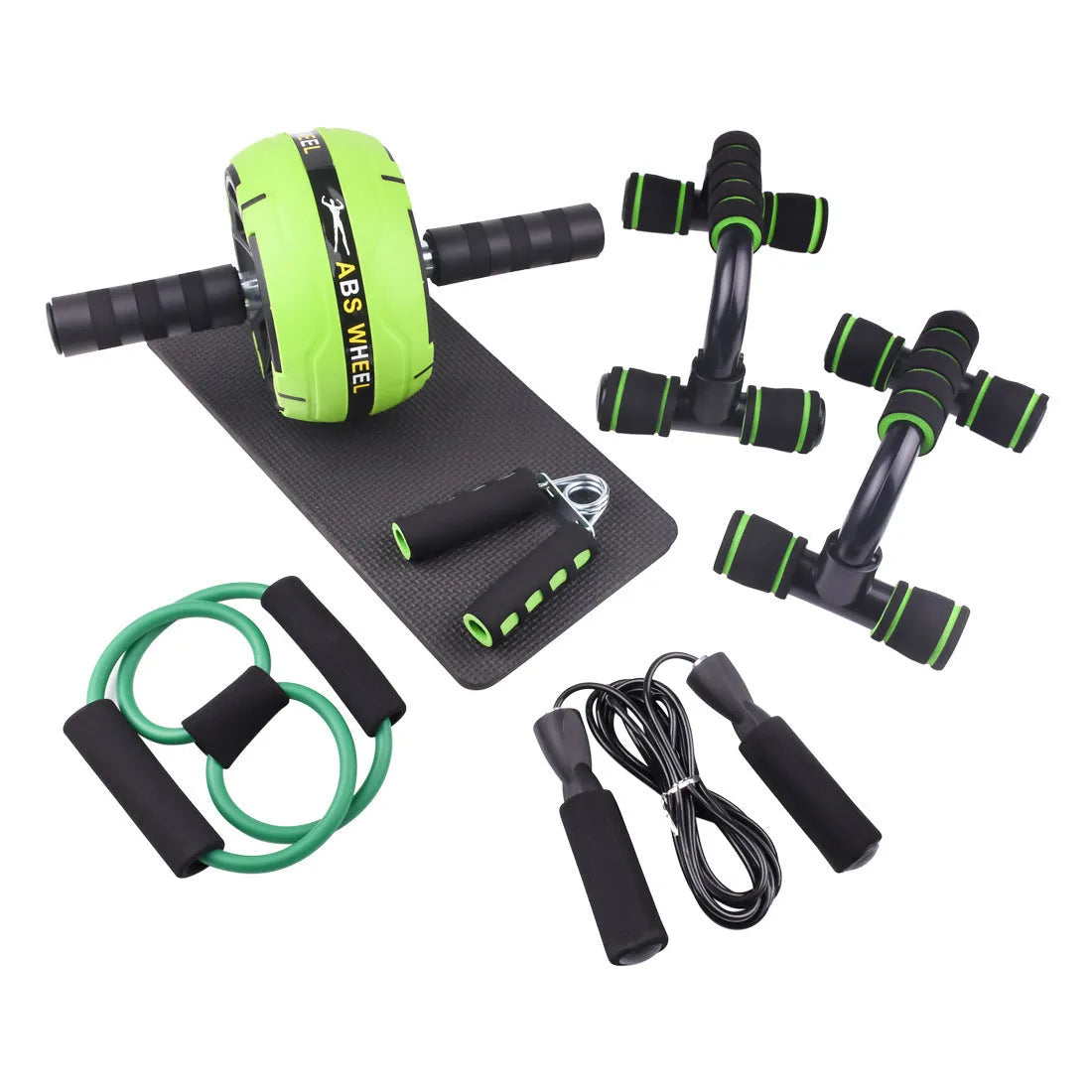 Green resistance band and push-up bar abdominal power fitness set on a floor.
