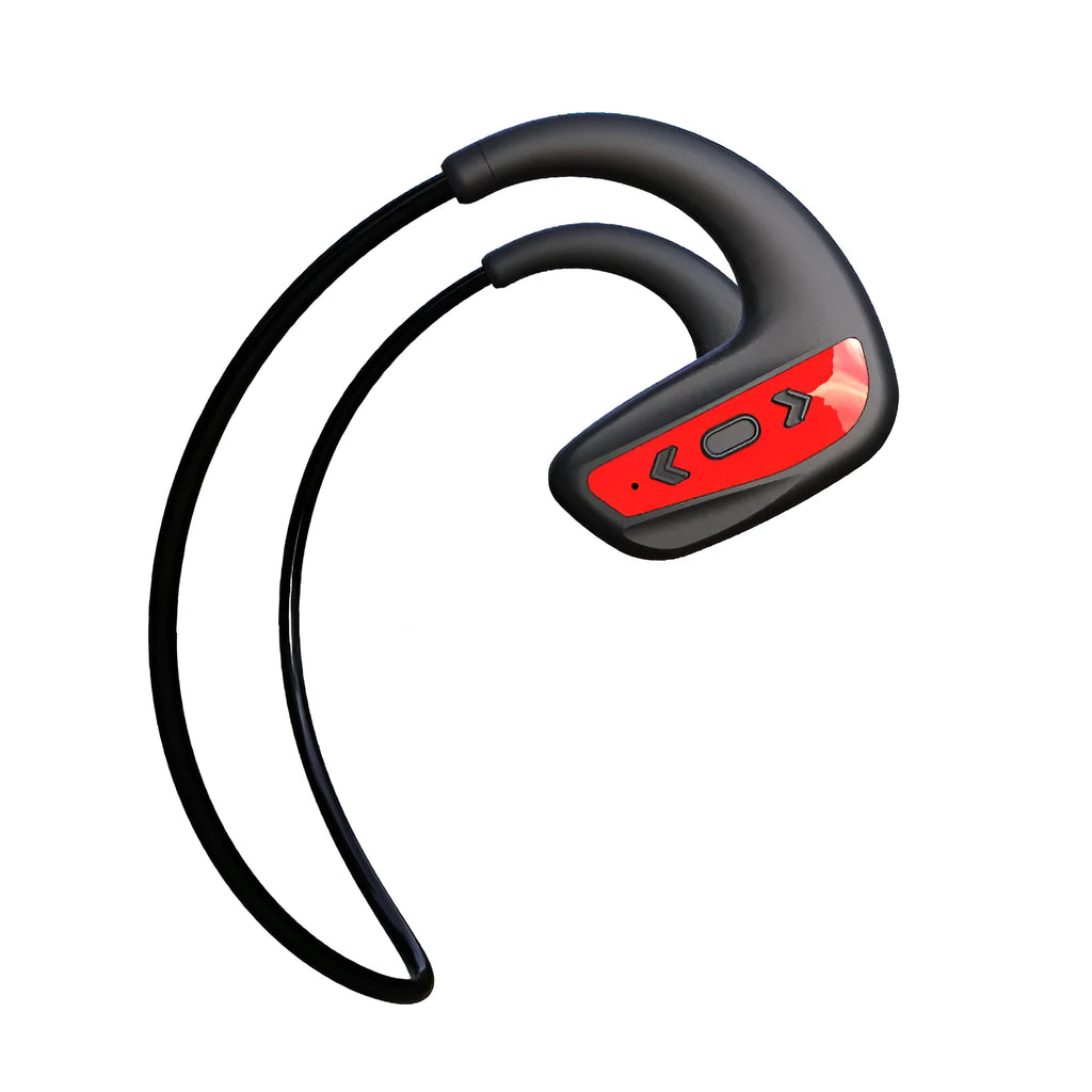 Black waterproof Bluetooth swimming headset with dual earpieces and head-mounted design for pool and running use
