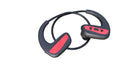 Black waterproof Bluetooth swimming headset with dual earpieces and head-mounted design for pool and running use