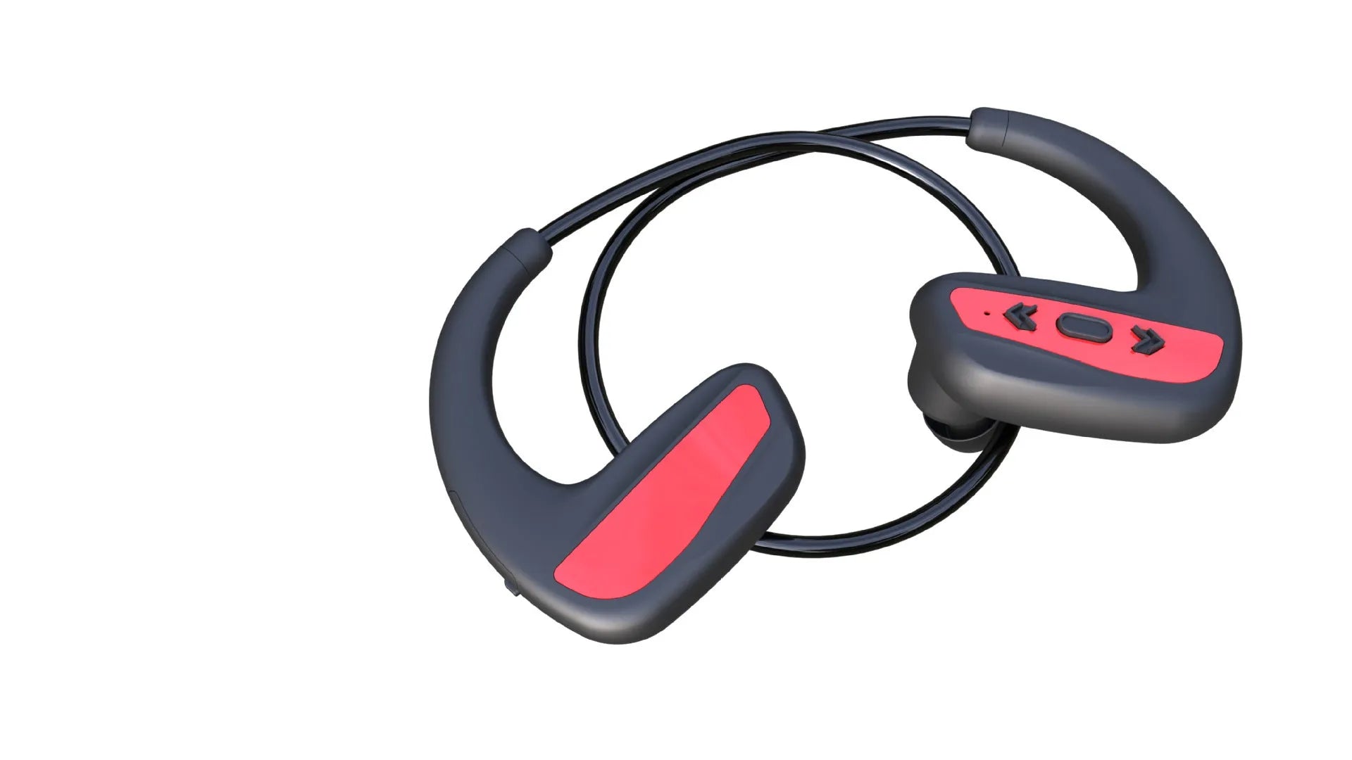 Black waterproof Bluetooth swimming headset with dual earpieces and head-mounted design for pool and running use