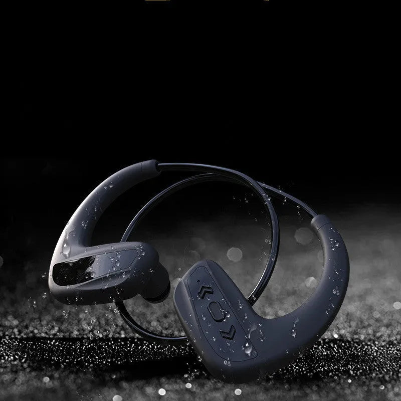 Black waterproof Bluetooth swimming headset with dual earpieces and head-mounted design for pool and running use
