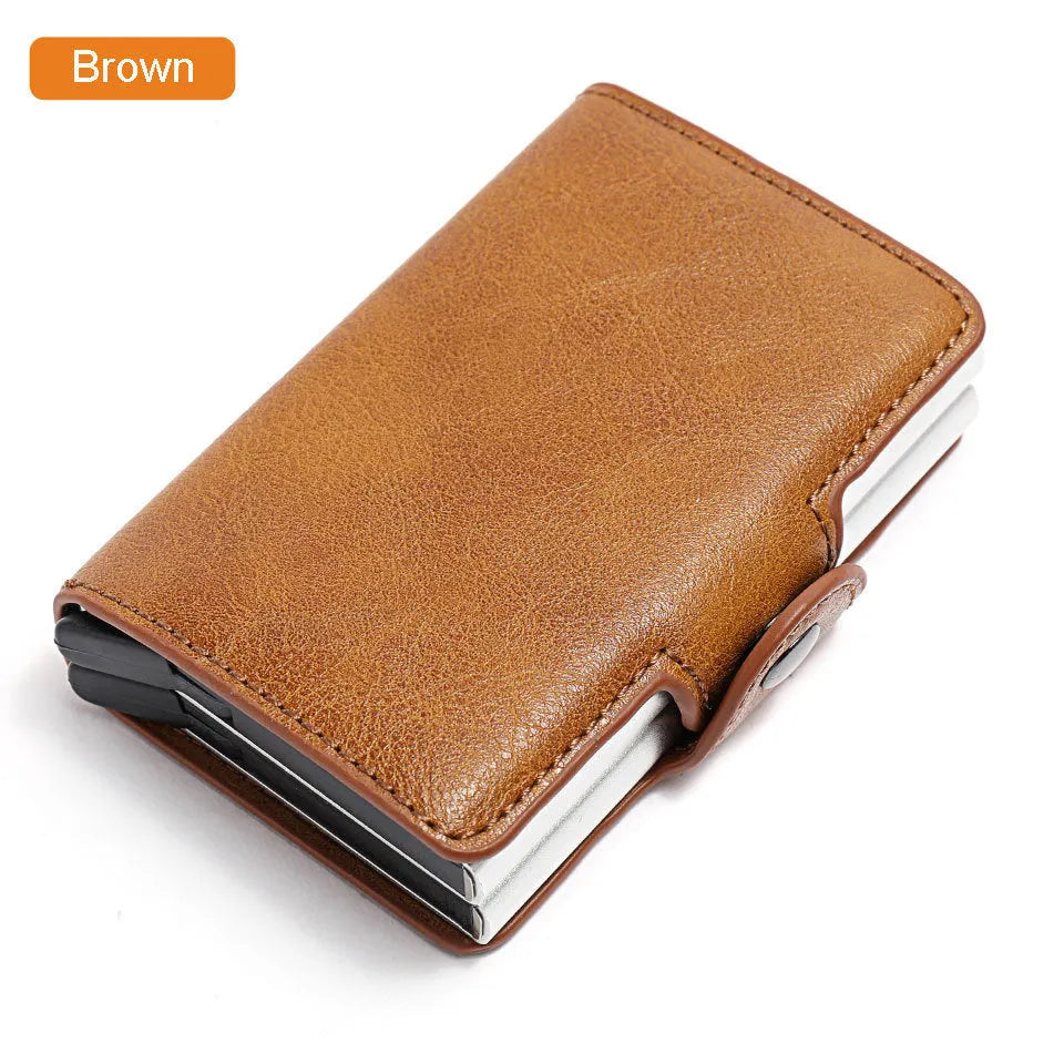 RFID blocking mini money clip wallet with 14 card slots, PU crazy horse leather finish and aluminium, 10x6.8x2.5cm