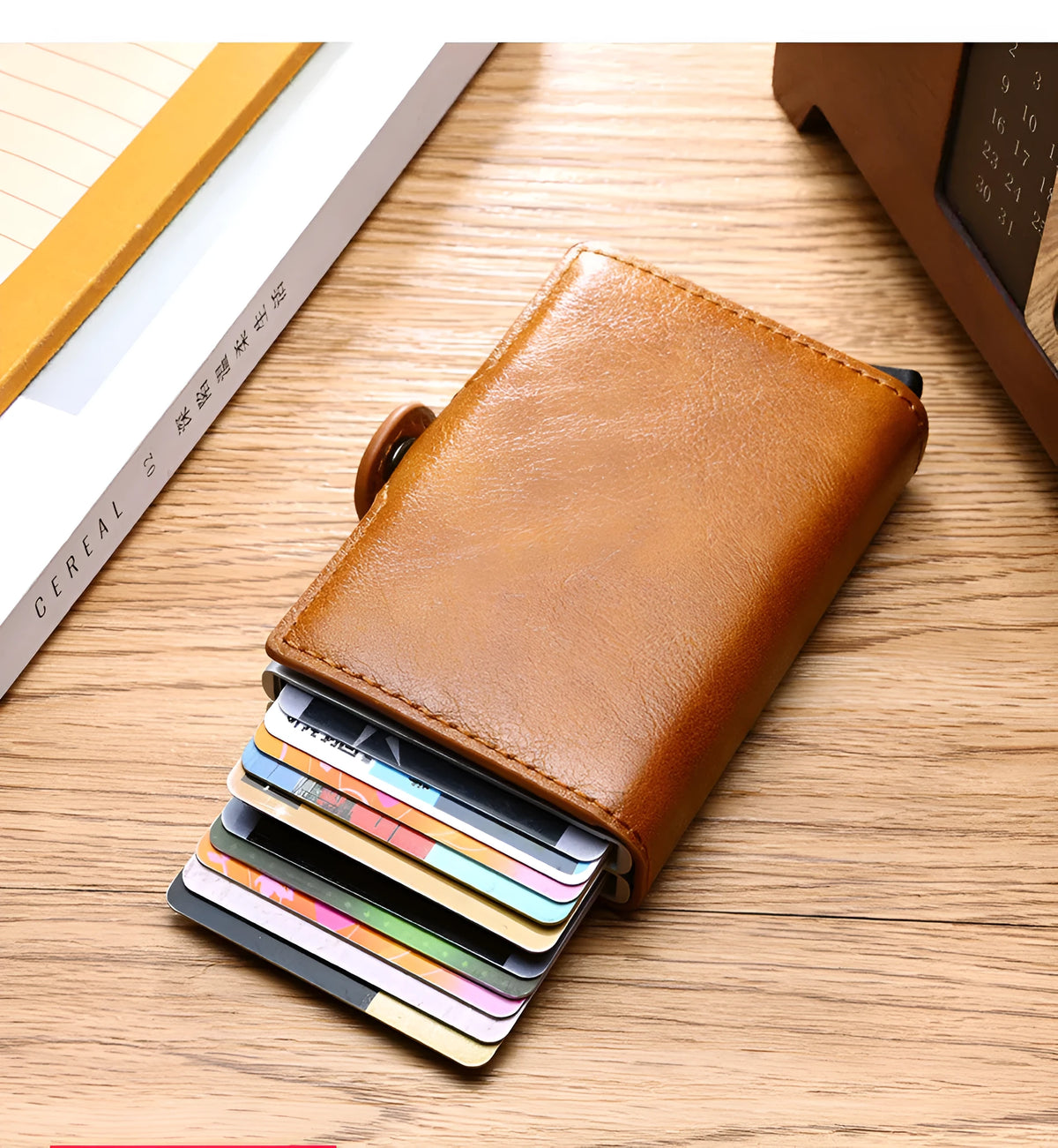 RFID blocking mini money clip wallet with 14 card slots, PU crazy horse leather finish and aluminium, 10x6.8x2.5cm