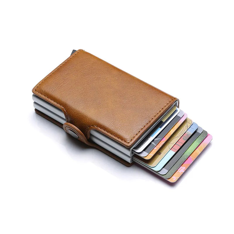 RFID blocking mini money clip wallet with 14 card slots, PU crazy horse leather finish and aluminium, 10x6.8x2.5cm