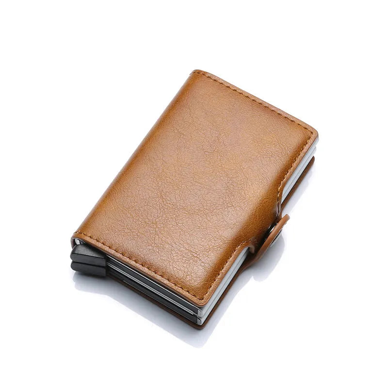 RFID blocking mini money clip wallet with 14 card slots, PU crazy horse leather finish and aluminium, 10x6.8x2.5cm