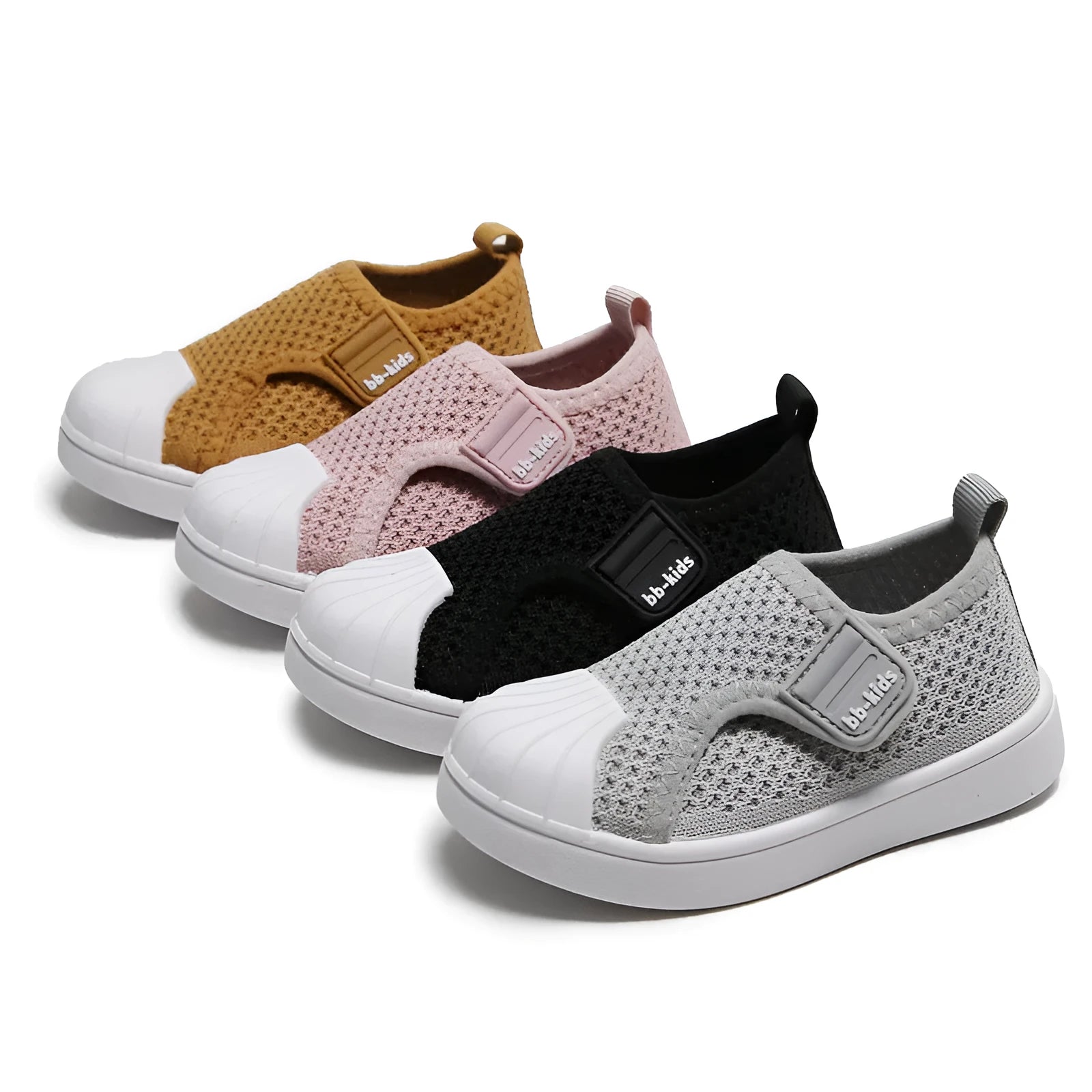 Children's casual sneakers with PVC non-slip soles in yellow, grey, rubber powder, and black colours