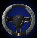 Plush grey car steering wheel cover for winter, 38cm diameter, general fit model on a steering wheel