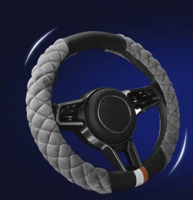Plush grey car steering wheel cover for winter, 38cm diameter, general fit model on a steering wheel