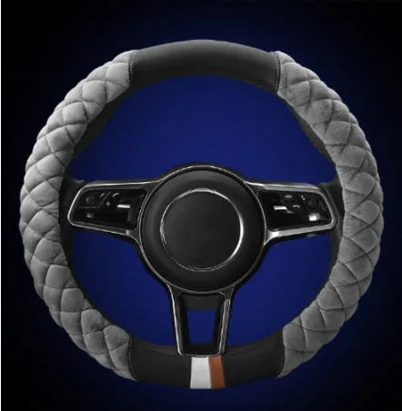 Plush grey car steering wheel cover for winter, 38cm diameter, general fit model on a steering wheel