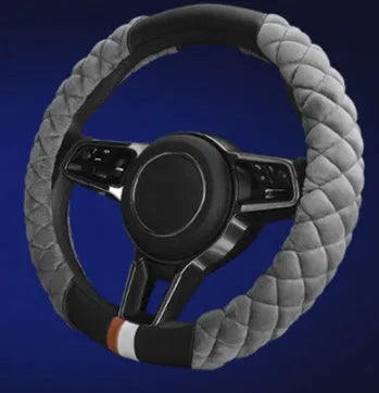 Plush grey car steering wheel cover for winter, 38cm diameter, general fit model on a steering wheel