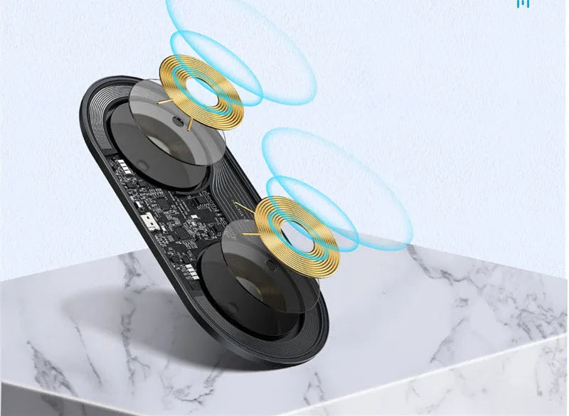 Baseus minimalist wireless charging stand holding a smartphone and AirPods case on its angled, compact base.