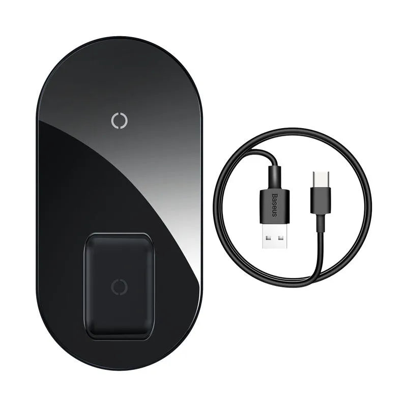 Baseus minimalist wireless charging stand holding a smartphone and AirPods case on its angled, compact base.