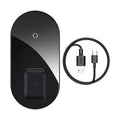 Baseus minimalist wireless charging stand holding a smartphone and AirPods case on its angled, compact base.