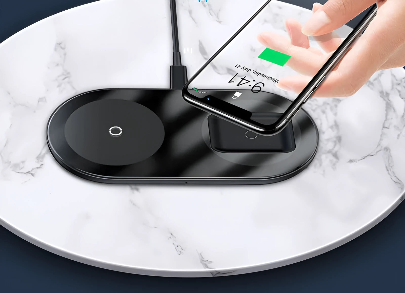Baseus minimalist wireless charging stand holding a smartphone and AirPods case on its angled, compact base.