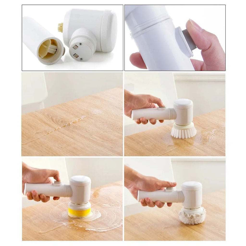 White rechargeable electric cleaning brush with three interchangeable nylon brush heads on a bathroom sink.