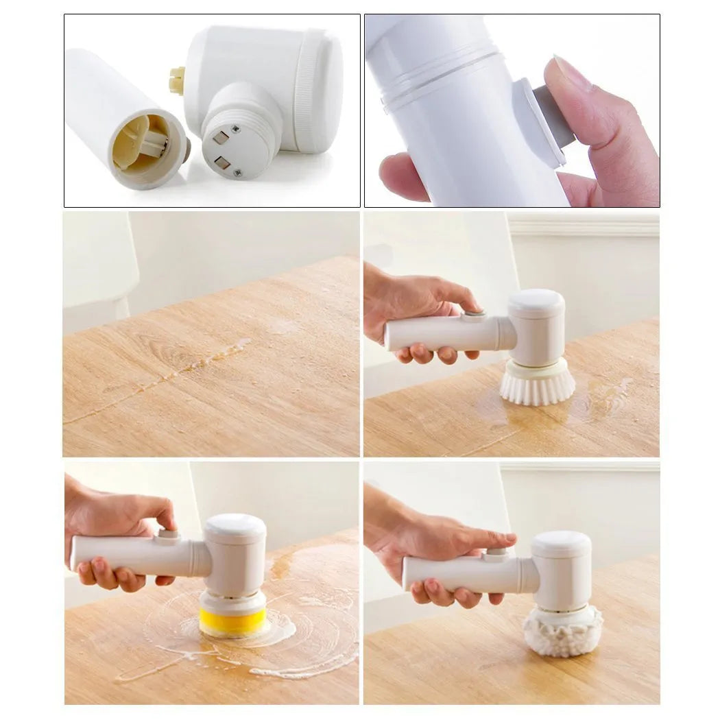 White rechargeable electric cleaning brush with three interchangeable nylon brush heads on a bathroom sink.