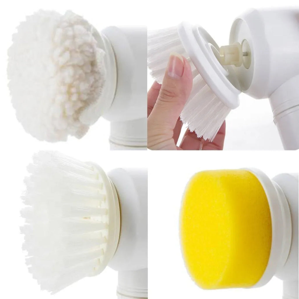 White rechargeable electric cleaning brush with three interchangeable nylon brush heads on a bathroom sink.