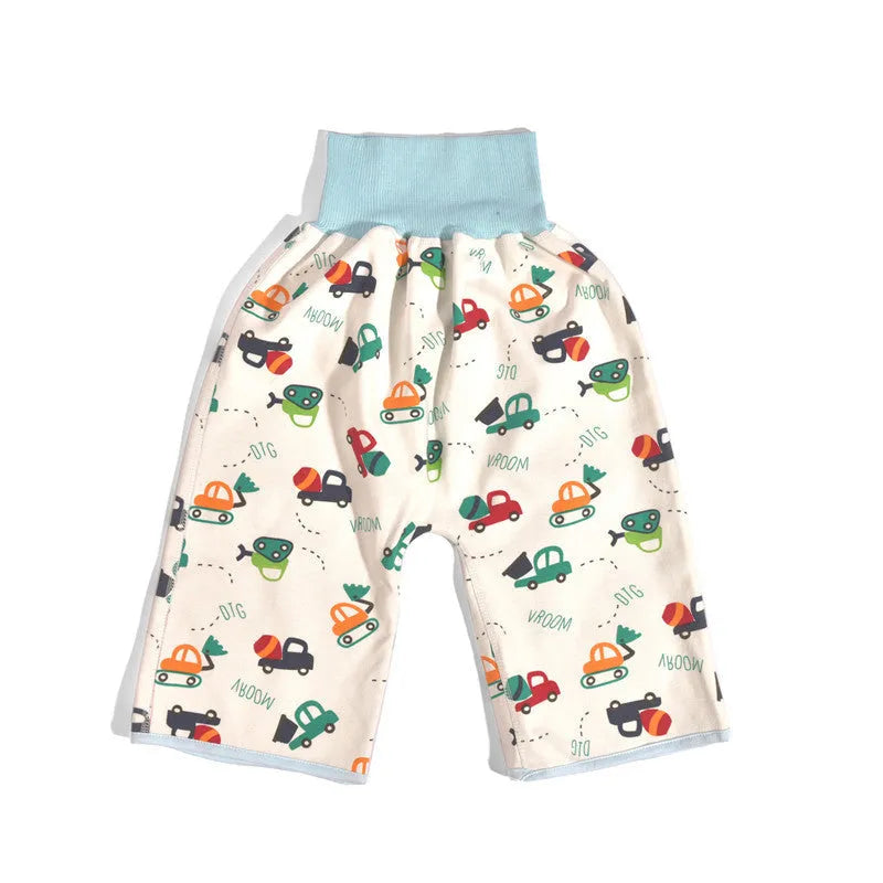 High waist baby diaper training pants in blue car cartoon print, showing elastic waistband.
