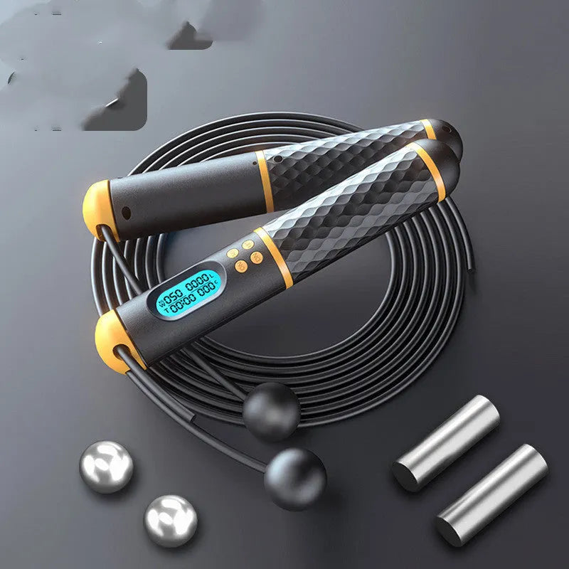 Intelligent counting rope skipping rope with weight-bearing handle and balls, 3m length, black and yellow colour