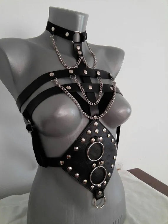 Black PU leather bondage camisole with open bra front for adult fetish wear