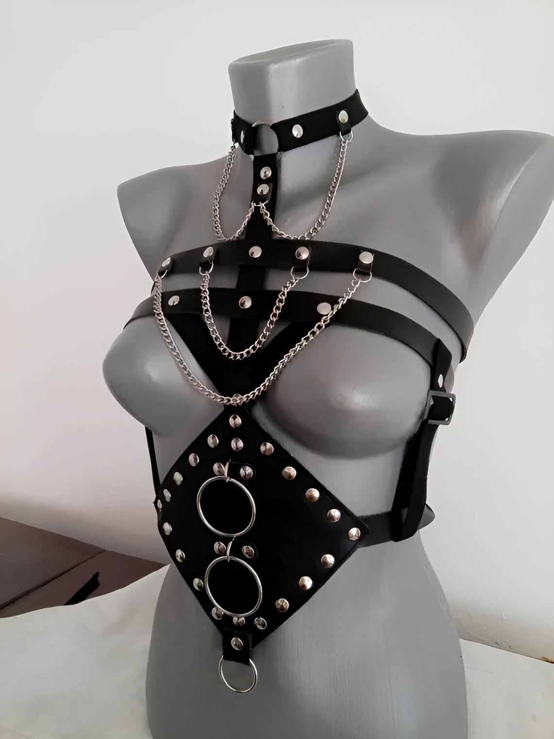 Black PU leather bondage camisole with open bra front for adult fetish wear