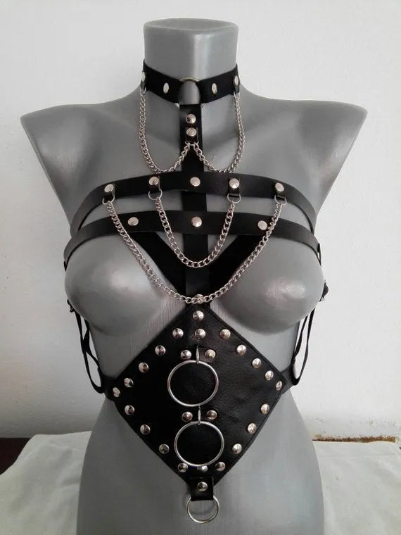 Black PU leather bondage camisole with open bra front for adult fetish wear