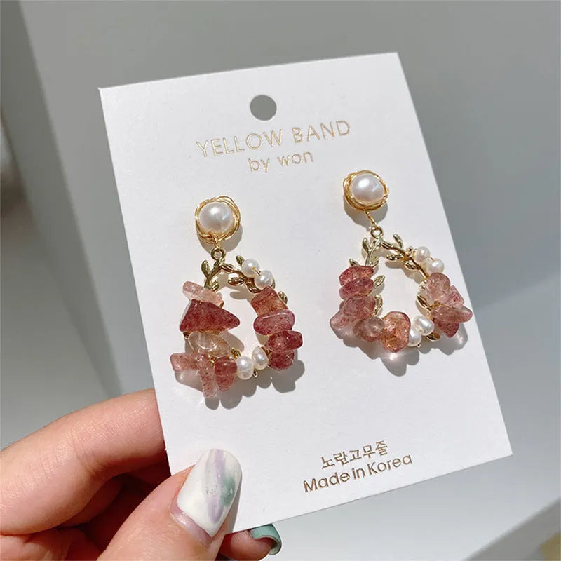 Pink pearl and crystal leaf earrings with flower modelling, silver-plated and gold-plated alloy