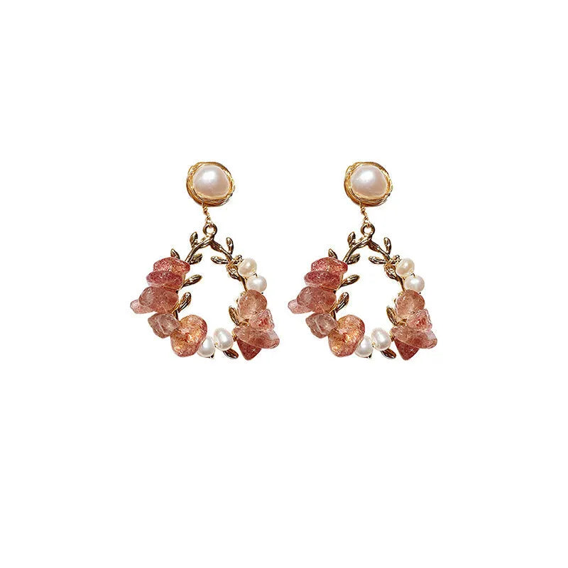 Pink pearl and crystal leaf earrings with flower modelling, silver-plated and gold-plated alloy