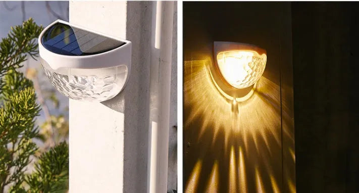 Solar wall light with water drop design, casting light and shadow at night, IP55 waterproof
