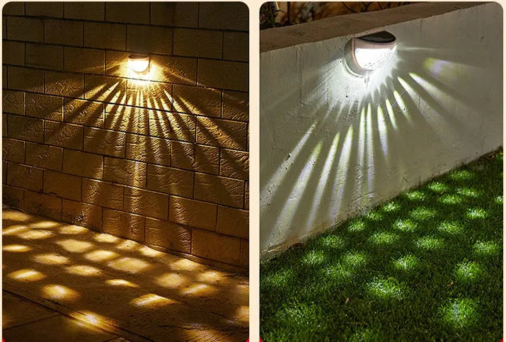 Solar wall light with water drop design, casting light and shadow at night, IP55 waterproof