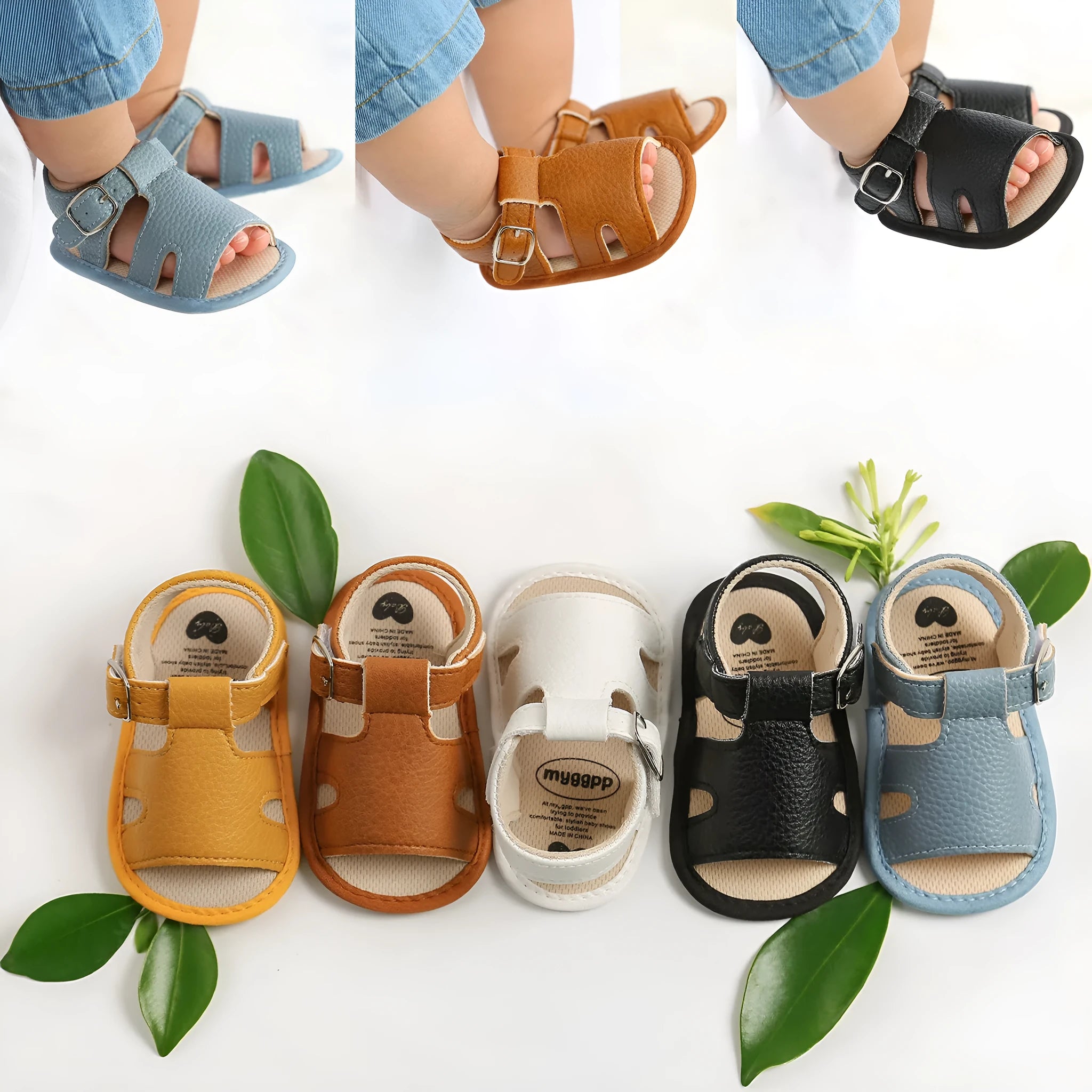 Summer baby sandals toddler shoes synthetic leather non-slip sole plain design available in multiple colours