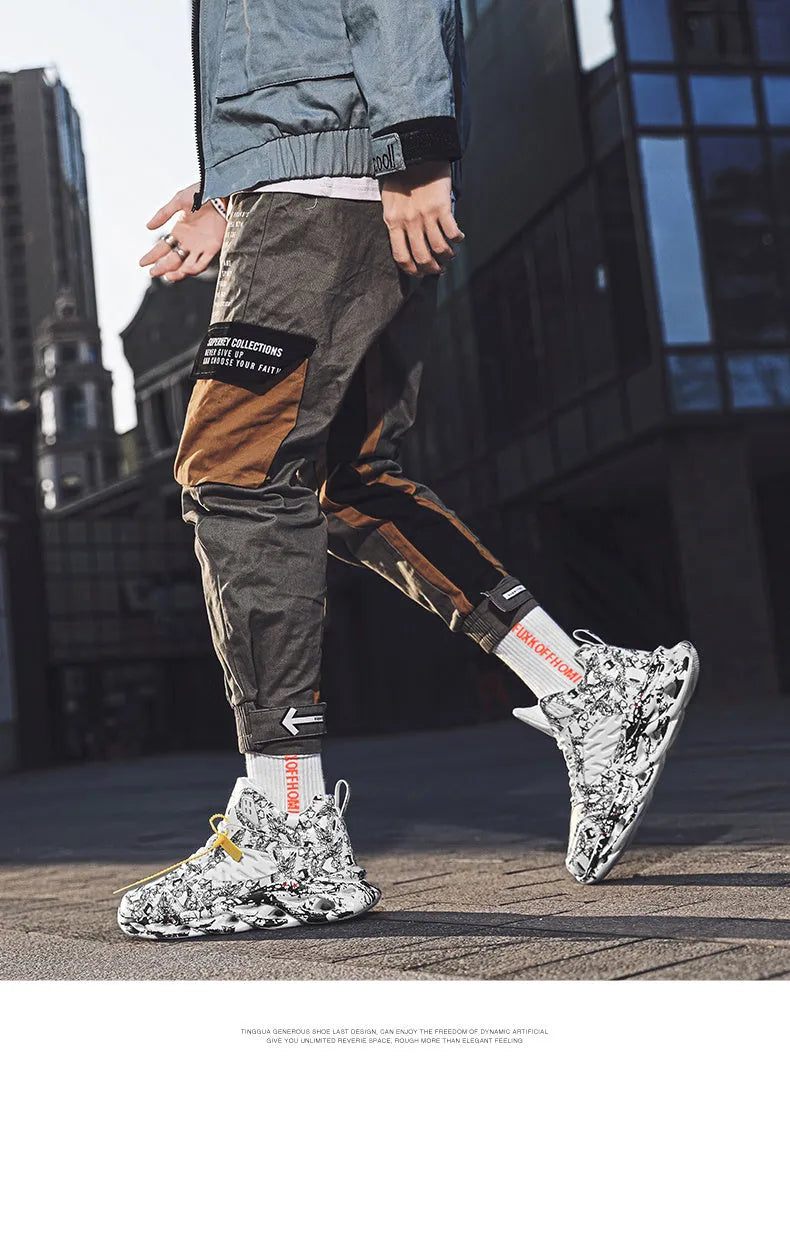 Men's black and green camouflage high-top basketball shoes with a rubber sole.
