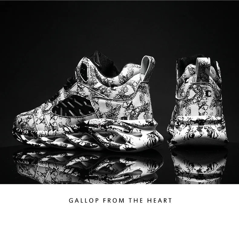 Men's black and green camouflage high-top basketball shoes with a rubber sole.