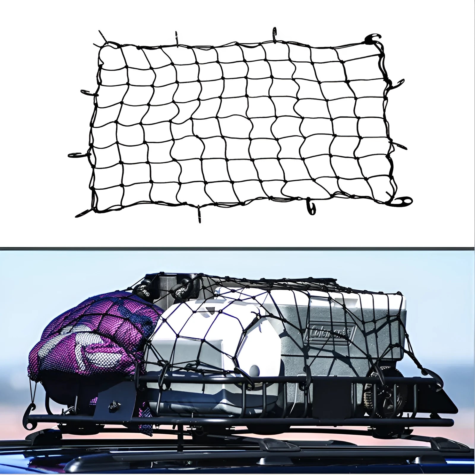 Black rope roof net for off-road vehicle cargo restraint, 1.2m x 0.9m