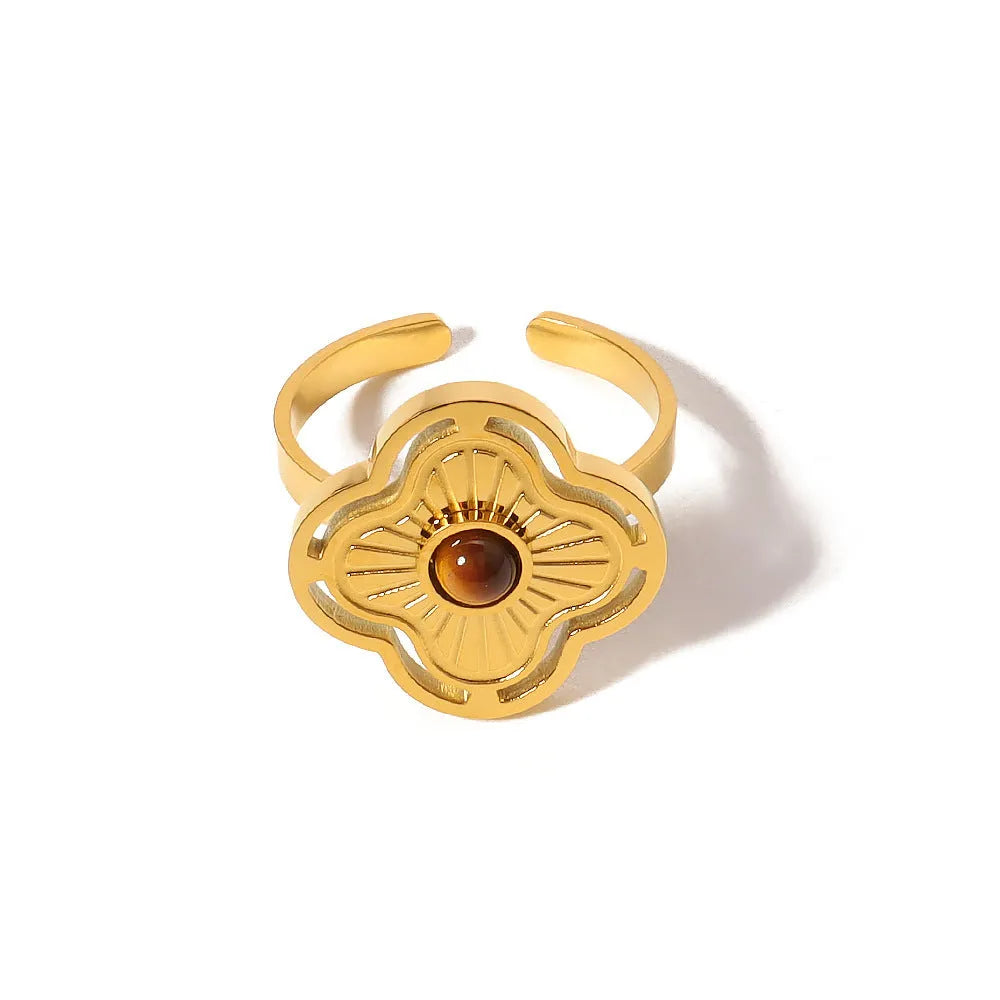 Natural stone tiger-shaped stone opening ring with 18K gold plating on titanium steel for women