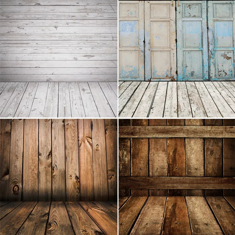 Christmas Day scene photography background board with wood grain plank design in colour option A (m-1033), size 150x210cm, laid flat on a studio floor