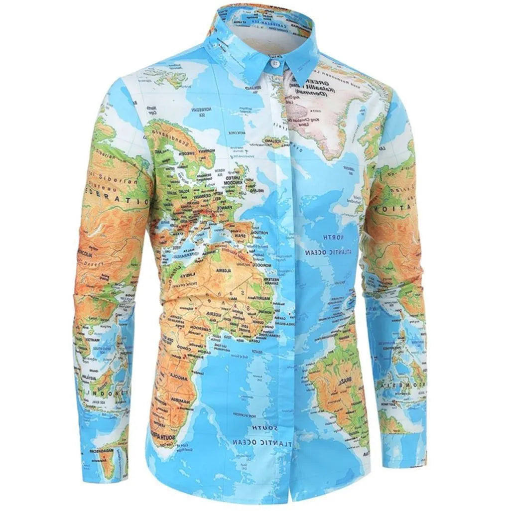Men's long sleeve button-up shirt with world map print, super slim fit, in green, khaki, light blue or orange
