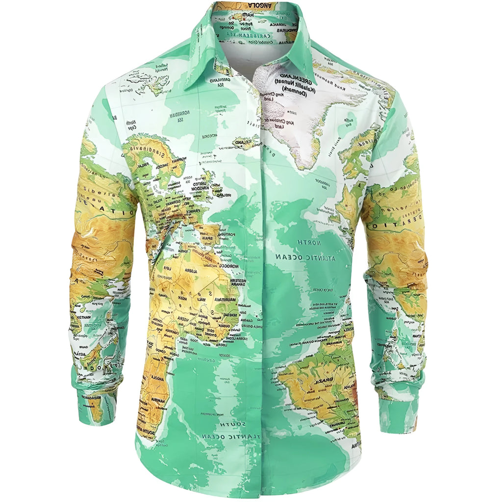 Men's long sleeve button-up shirt with world map print, super slim fit, in green, khaki, light blue or orange