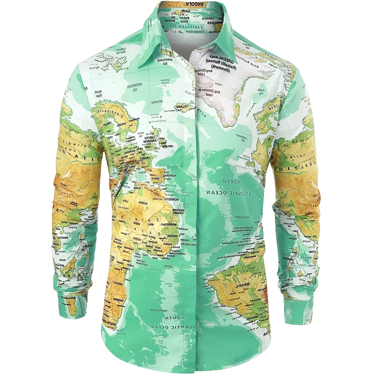 Men's long sleeve button-up shirt with world map print, super slim fit, in green, khaki, light blue or orange