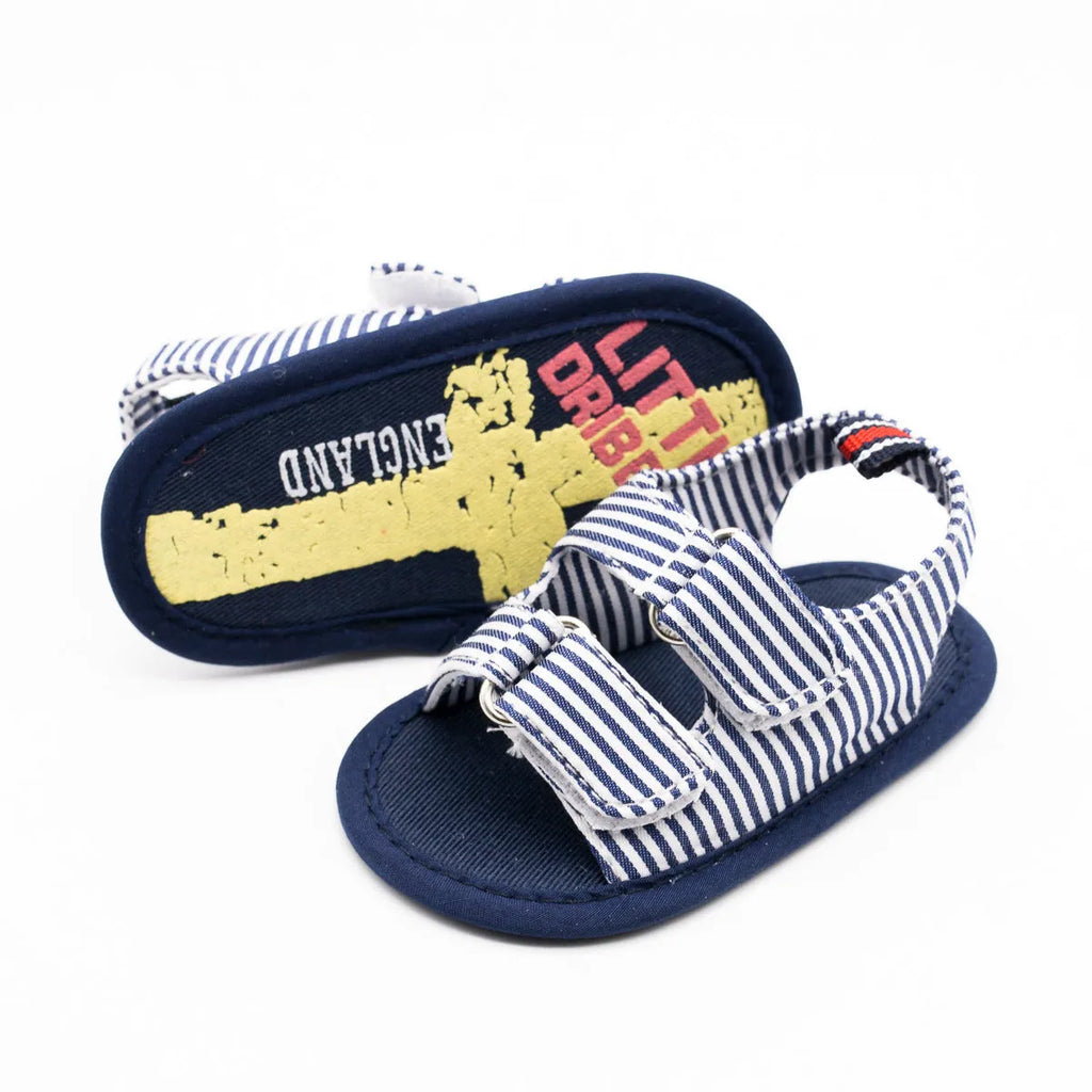Blue striped canvas baby sandals with embroidery, non-slip sole, sizes 11-13cm