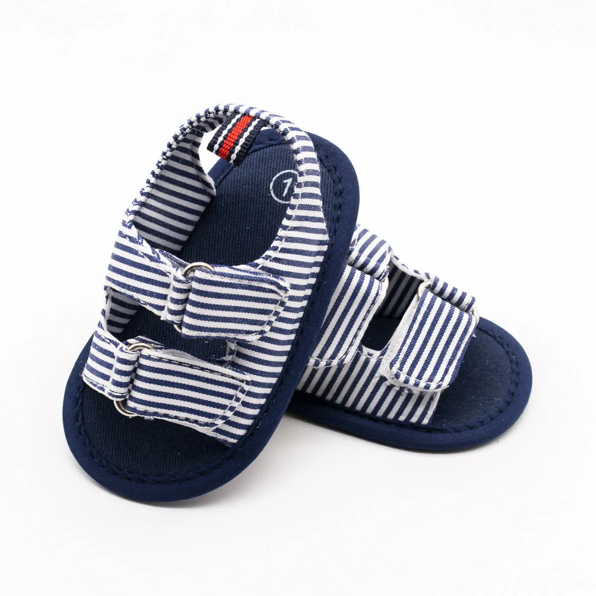 Blue striped canvas baby sandals with embroidery, non-slip sole, sizes 11-13cm