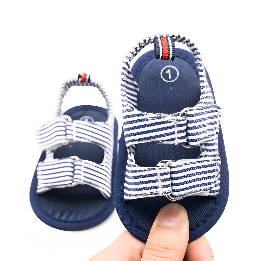 Blue striped canvas baby sandals with embroidery, non-slip sole, sizes 11-13cm