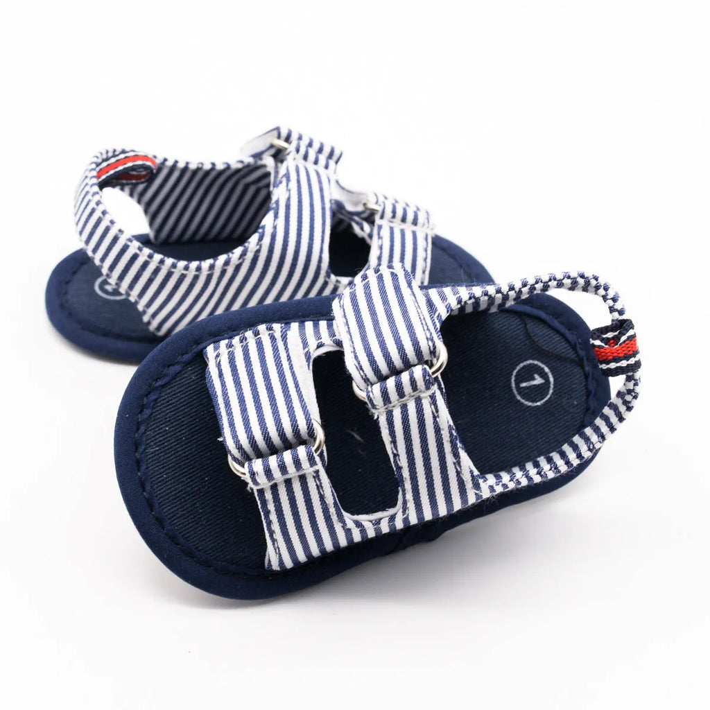 Blue striped canvas baby sandals with embroidery, non-slip sole, sizes 11-13cm