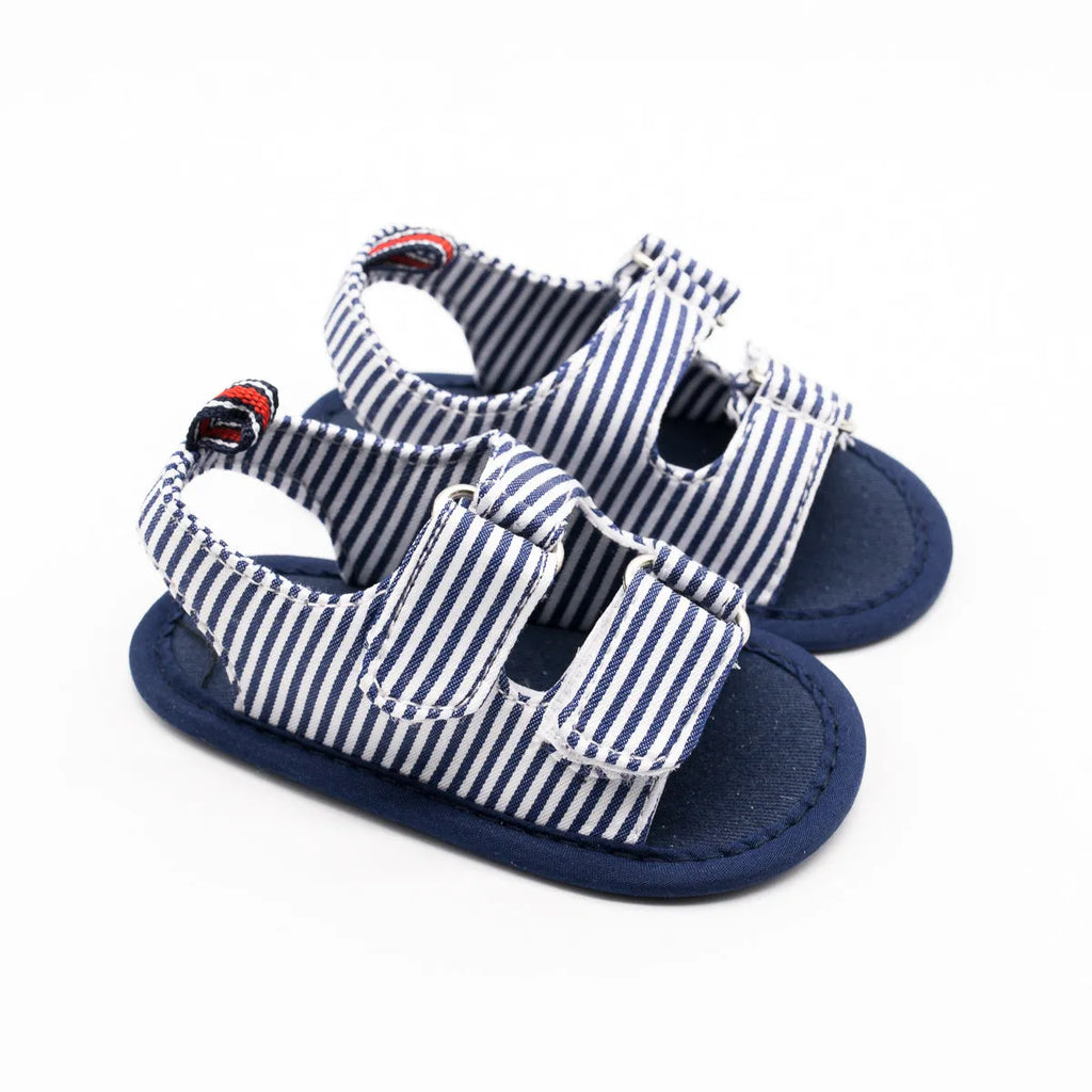 Blue striped canvas baby sandals with embroidery, non-slip sole, sizes 11-13cm
