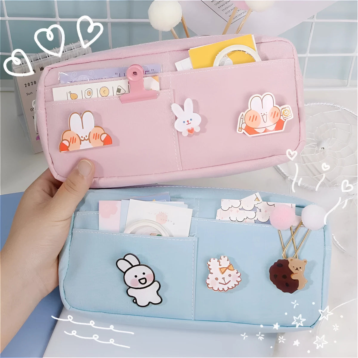 Canvas pencil case for women in Japanese Harajuku style with three random badges, shown in matcha green, jade blue, licorice powder or purple.