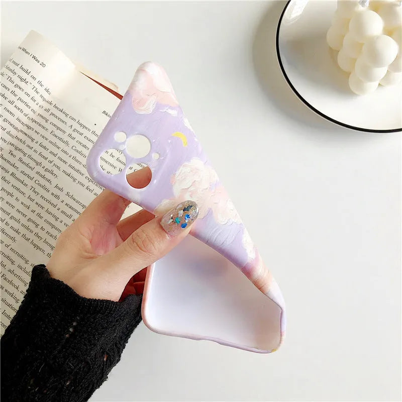 Pink soft TPU phone case with starry sky cloud oil painting design for iPhone
