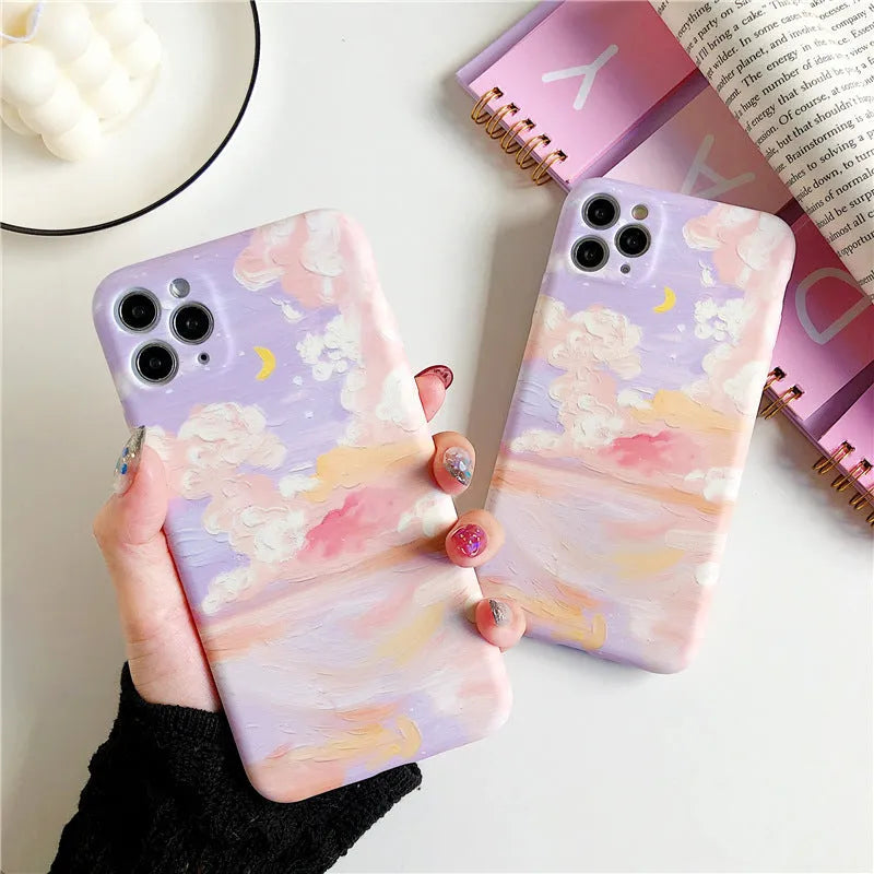 Pink soft TPU phone case with starry sky cloud oil painting design for iPhone