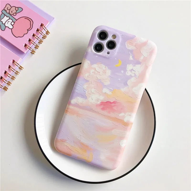Pink soft TPU phone case with starry sky cloud oil painting design for iPhone