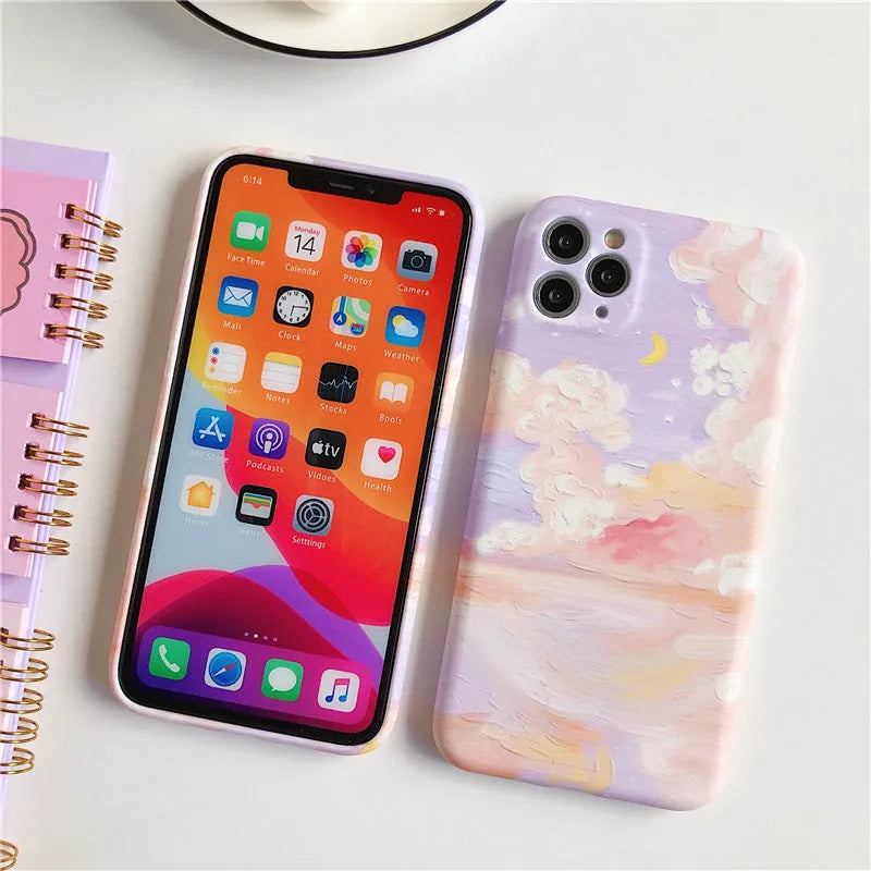Pink soft TPU phone case with starry sky cloud oil painting design for iPhone